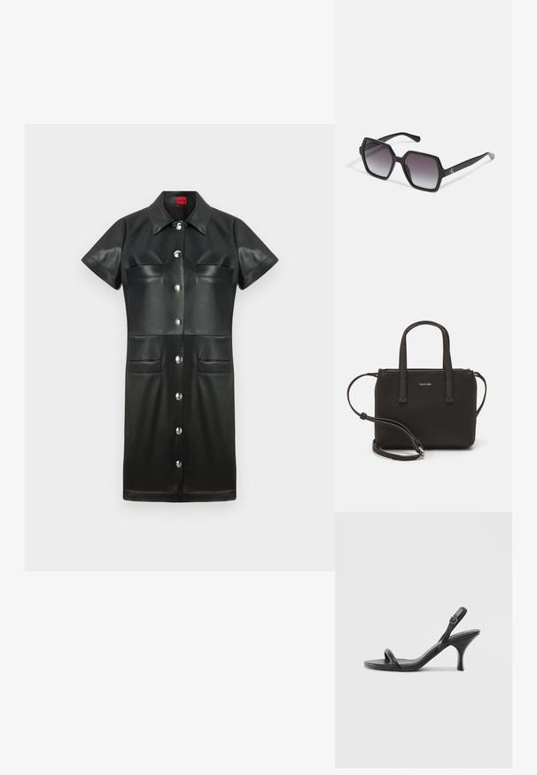 Zwarte leren jurk met korte mouwen, kraag, knopen aan de voorkant en twee borstzakken. Kenmerken zijn zilverkleurige hardware en een gladde textuur.; Zwarte leren sandalen met hoge hakken, een slanke, gebogen hak en een gekruist bandontwerp. Verstelbare enkelband. Soepele textuur.; Zwarte hexagonale zonnebril met graduele lenzen, voorzien van een glanzende afwerking en subtiele branding op de veer. Duurzame kunststofconstructie.; Zwarte handtas met dubbele korte handvatten en een afneembare schouderriem. Glad, leerachtig materiaal met een ritssluiting en logo-detail.