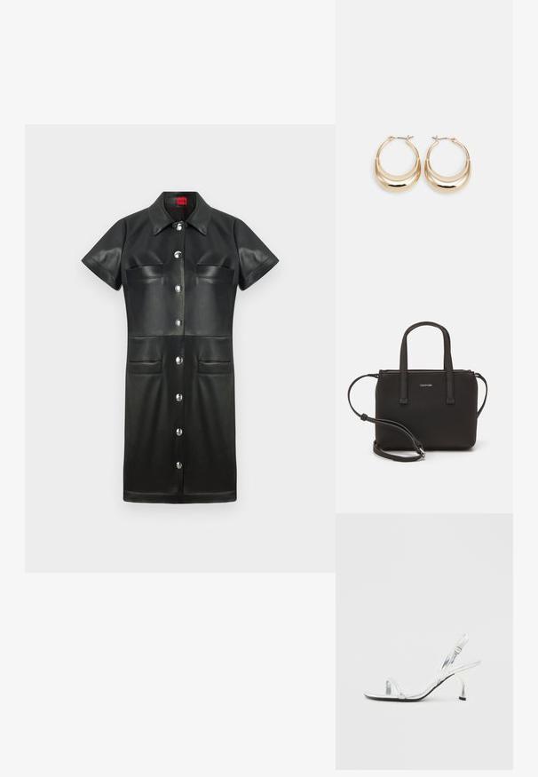 Črna usnjena obleka s kratkimi rokavi, ovratnikom, sprednjim gumbom in dvema prsnih žepoma. Ima srebrne elemente in gladko teksturo.; Srebrna patentna usnjena sandala na visoki peti s ozkim pasom za prste, nastavljivim zaponcem in vitkim petami.; Črna torbica z dvema kratkima ročajema in odstranljivim naramnim trakom. Gladek usnju podoben material z zadrgo in podrobnostmi z logotipom.; Zlato obarvani uhani v obliki obroča s polmesecem, polirna površina in zaklepanje s tečajem. Gladka tekstura in odsevna površina povečujeta vidnost.