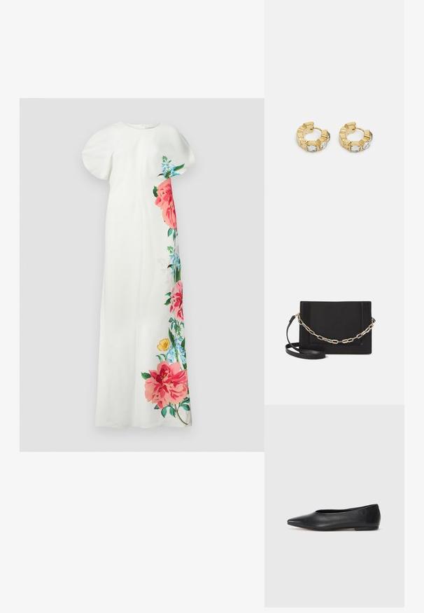 Robe fleurie blanche à manches courtes, présentant un motif floral coloré en rose, bleu et vert d'un côté. Tissu lisse, forme droite.; Ballerines noires en cuir, à bout pointu, design minimaliste, texture lisse, talon bas, sans matériel ni embellissements visibles.; Sac bandoulière en cuir noir avec une texture lisse, de forme rectangulaire et un détail en chaîne métallique à l'avant. Sangle réglable incluse.; Boucles d'oreilles créoles en or avec un design texturé et trois accents de cristal clair d'un côté, offrant une esthétique géométrique moderne.