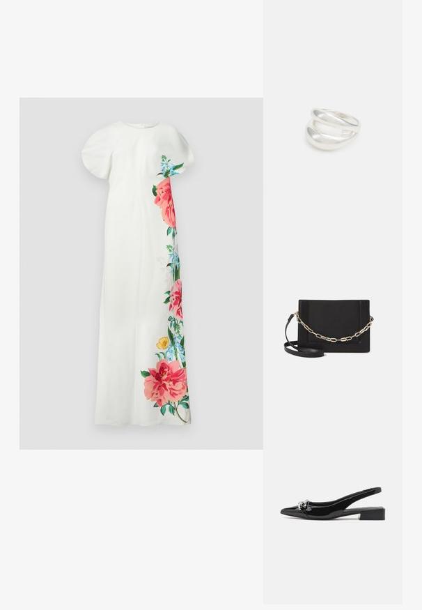 Valkoinen kukkamekko lyhyillä hihoilla, jossa on värikäs kukkakuosi vaaleanpunaisena, sinisenä ja vihreänä yhdellä sivulla. Liukas kangas, suora malli.; Mustat kiiltäväpatenttinaiset slingback-kengät, joissa on teräväkärkinen muoto, hopeinen yksityiskohta ja matala lohkarekorko. Kengissä on sileä, kiiltävä pinta kauttaaltaan.; Musta nahkainen olkalaukku, jossa on sileä pinta, suorakulmainen muoto ja metalliketju yksityiskohtana edessä. Mukana säädettävä hihna.; Hopeinen kaksinkertainen rengas, jossa on sileä, kiillotettu pinta. Siinä on sulava, kaareva muotoilu, jossa on päällekkäisiä osia modernin ilmeen saavuttamiseksi.