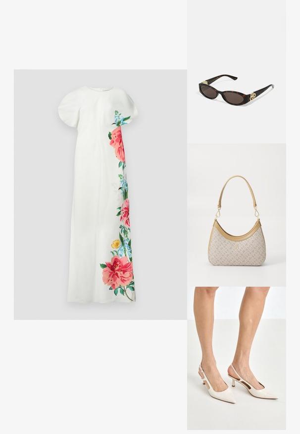 Abito floreale bianco con maniche corte, caratterizzato da un motivo floreale colorato in rosa, blu e verde su un lato. Tessuto morbido, forma dritta.; Tacchi slingback in pelle lucida beige con punta affusolata e tacco di 5 cm, caratterizzati da lati traforati e una sottile fascia alla caviglia.; Occhiali da sole tartarugati con lenti ovali allungate, tonalità marrone, accenti dorati con logo sulle tempie e aste nere eleganti.; Borsa a tracolla beige con un motivo stampato, forma curvata, dettagli in pelle e un logo dorato sul davanti. Presenta una maniglia corta per un facile trasporto.
