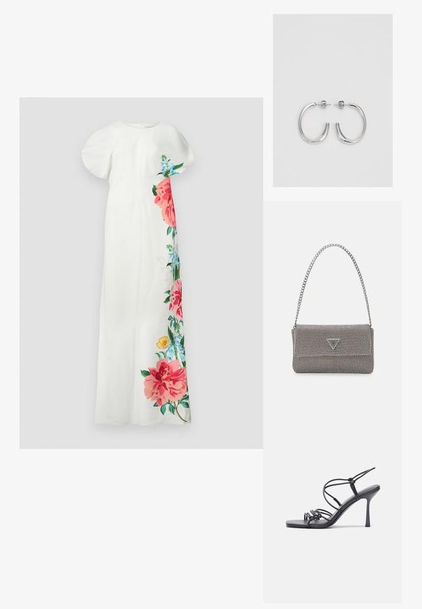 Balta gėlių suknelė trumpomis rankovėmis, kuri turi spalvingą floristinį raštą rožinės, mėlynos ir žalios spalvos atspalviais vienoje pusėje. Lygus audinys, tiesi siluetas.; Juodos aukštakulnės sandalai pasižymi plonyčiais dirželiais su mazgo dizainu, lygiu kvadratiniu pirštu ir elegantišku stiletto kulnu.; Šviesiai pilka metalinė rankinė su grandinėlės dirželiu, papuošta mažais apvaliais metaliniais smeigėmis ir trikampiu prekės ženklu.; Sidabrinės auskarai žiedai su lygiu, blizgiu paviršiumi. Suapvalinta forma, lengvas dizainas, su uždarymu ant smeigtuko.