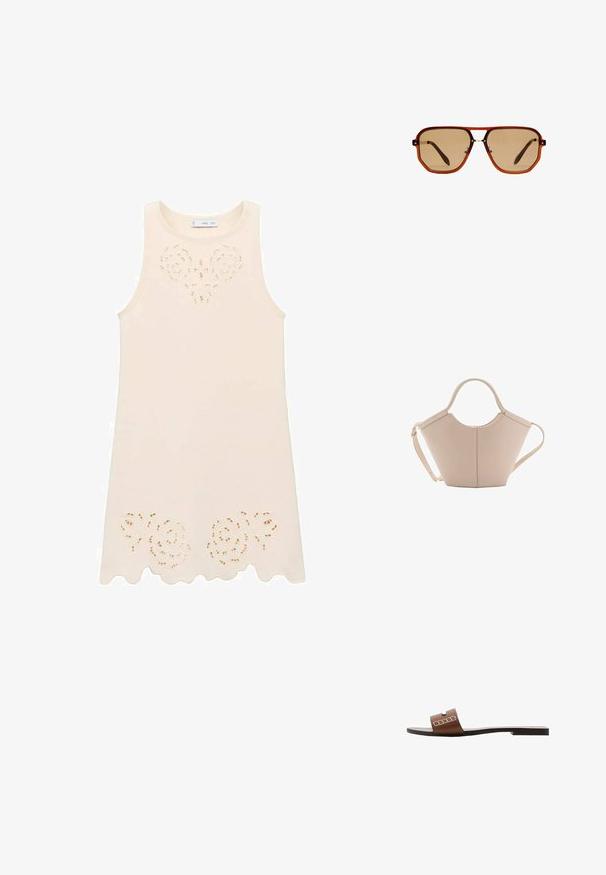 Cremefarvet udenærmet kjole med blomsterudskæringsdesign ved brystet og bølgekant. Lavet af letvægtsstof med en glat tekstur.; Brun lædersandal med flad sål, der har en bred rem og hvide geometriske detaljer for et minimalistisk design.; Brune oktagonale solbriller med en gennemsigtig amber-ramme og brune tonede linser. Har et metalaccent ved næsestykket og slanke stængler.; Lysebrun læderhåndtaske med en unik form, featuring to korte håndtag og et langt justerbart rem. Glat tekstur med minimal hardware.