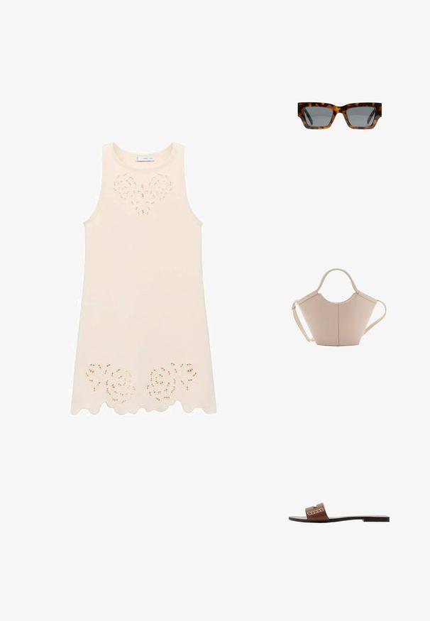 Kremna brezroka obleka z rožastim izrezom na prsih in valovitim robom. Narejena iz lahkotnega blaga, z gladko teksturo.; Rjave usnjene natikače s ploskim podplatom, ki imajo širok trak in bele geometrijske poudarke za minimalističen dizajn.; Želve očala s angularnimi okvirji, sivi leči in gladko površino. Imajo drzen geometrijski dizajn in debele tempeljne.; Bežna usnjena torbica edinstvene oblike, z dvema kratkima ročajema in dolgim nastavljivim trakom. Gladka tekstura z minimalno kovinsko opremo.