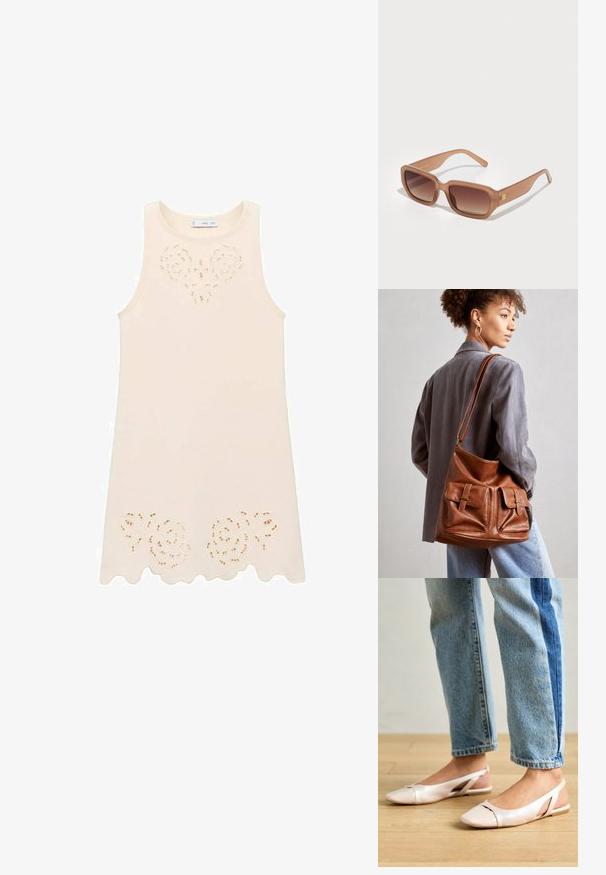 Cremefarvet udenærmet kjole med blomsterudskæringsdesign ved brystet og bølgekant. Lavet af letvægtsstof med en glat tekstur.; Lyserøde slingback flade sko med spidse tær, lavet af et glat læderlignende materiale. Har udskæringsdetaljer på siderne og en flad hæl.; Brune rektangulære solbriller med gradientlinser, tykke stel og logo-detalje på siden. Glat plastmateriale, minimal design.; Brun læder bucket bag med to frontlommer med spænde detaljer. Tasken har en glat tekstur og en justerbar rem.
