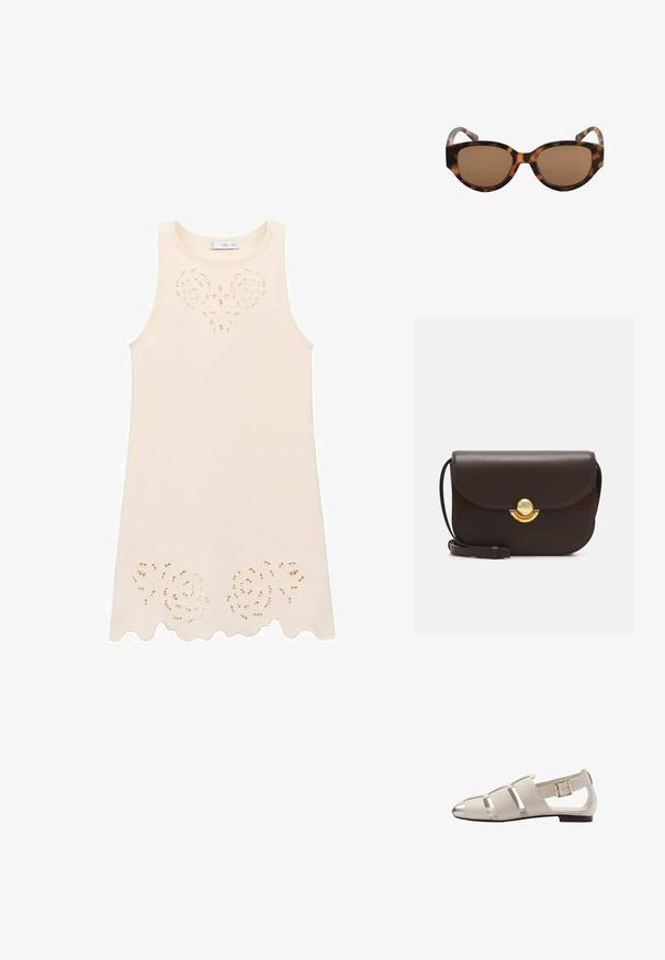 Krem haljinica bez rukava s cvjetnim izrezom na prsima i valovitim rubom. Napravljena od lagane tkanine, glatke teksture.; Mango Sandale - beige; Smeđe mačkaste sunčane naočale s mačjim okvirom, smešnim lećama i glatkom teksturom. Okvir ima zakrivljene noge s suptilnim uzorkom.; Furla SFERA - Torba preko tijela - cioccolato