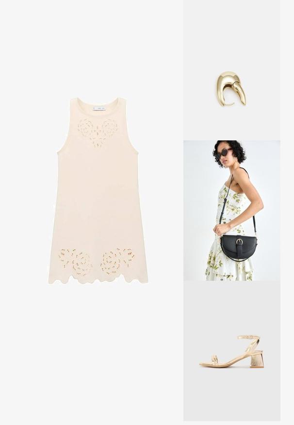 Cream sleeveless dress with floral cut-out design at the chest and scalloped hem. Made from lightweight fabric, smooth texture.; Gold metallic heeled sandal with an angular block heel, two straps over the foot, and an adjustable ankle strap. Smooth texture.; Black leather handbag with a curved shape, detachable strap, and gold hardware. The bag features a flap with a buckle detail.; Gold-tone metal earring with a sleek, curved design. Features a distinctive pointed shape, polished surface, and hinge closure.