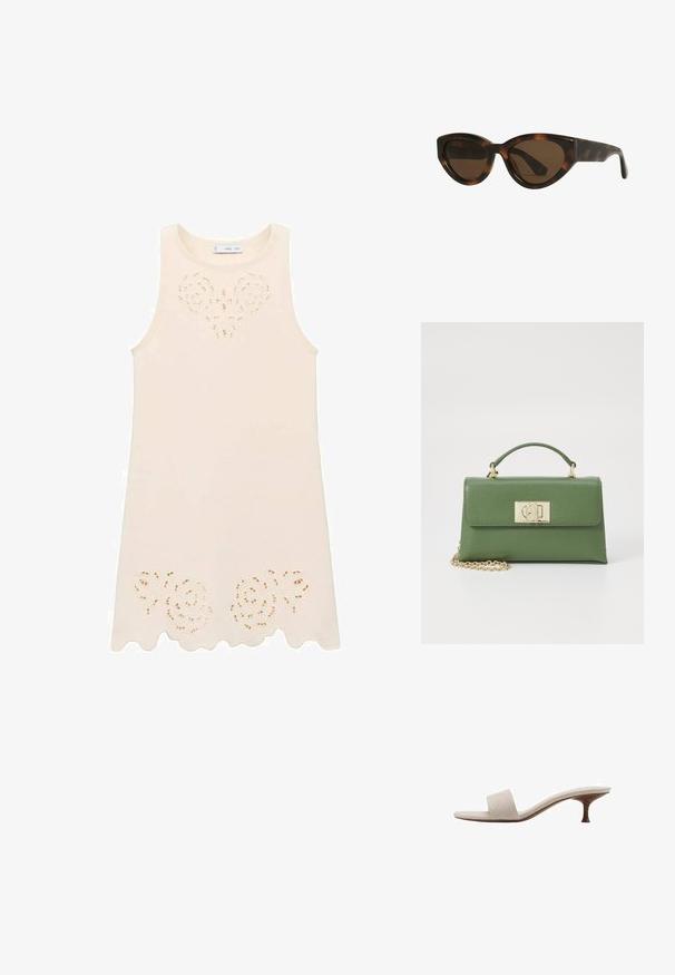 Abito senza maniche color crema con design a fiori intagliato sul petto e orlo scallop. Realizzato in tessuto leggero, dalla texture liscia.; Sandal senza tacco con tomaia in tessuto intrecciato beige, punta aperta e suola intermedia curva in legno. Il design presenta una superficie liscia e una forma minimalista.; Occhiali da sole a forma di cat-eye con montatura tartarugata e lenti marroni, dotati di una struttura in plastica liscia e lucida e un design elegante. Senza loghi o dettagli visibili.; Borsa a tracolla verde in pelle con forma strutturata, hardware dorato, manico superiore e tracolla a catena rimovibile. Superficie testurizzata con chiusura a patta.; Clip per capelli con base bianca, accenti dorati e sei decorazioni simili a perle. Presenta denti curvi e ondulati per una presa sicura.