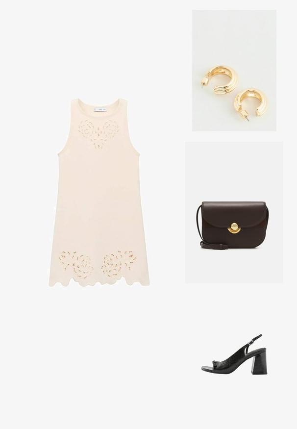 Cremfarbenes ärmelloses Kleid mit floralem Ausschnittdesign an der Brust und gewelltem Saum. Hergestellt aus leichtem Stoff mit glatter Textur.; Next Riemensandalette - black; Furla SFERA - Umhängetasche - cioccolato; Goldfarbene Creolen mit polierter Oberfläche, ausgestattet mit einem geriffelten Design und einem Steckverschluss. Runde, klobige Form.