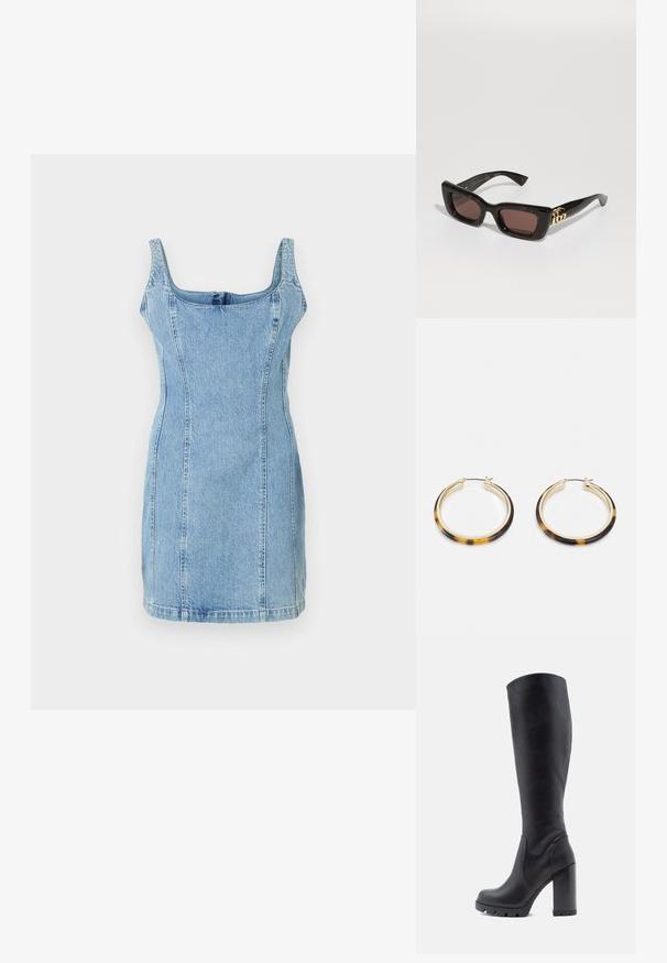 Vaaleansininen farkumekko, jossa on istuva silhuetti, neliönmuotoinen pääntie ja leveät olkaimet. Mekossa on pystysuorat saumat ja lyhyt helma.; Mustat polvipituiset saappaat, sileää nahkaa, paksu korko, pyöreä kärki, kuvioitu pohja, jossa on pito, tyylikäs muotoilu ilman koristeluja.; Mustat kilpikonnaruudulliset aurinkolasit, joissa on suorakulmaiset linssit, ruskea sävy, paksu kehys ja kultainen tupla-G-logo yksityiskohta templeissä.; Kultaiset renkaat korvakorut, joissa on kilpikonnakuosiset hartsireunat, sileä pinta ja tyylikäs, pyöreä muoto.