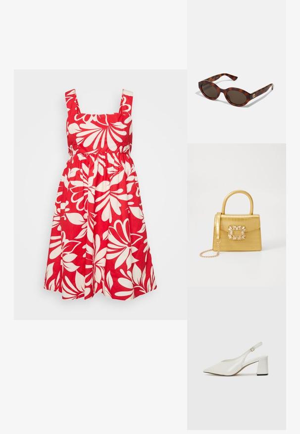 Červené bavlnené šaty s hranatým výstrihom, širokými ramienkami a bielym kvetinovým vzorom. Sukňa je naskladaná pre väčší objem.; Biele sandále na podpätku s špicatou špičkou, vyrobené z lesklého materiálu, s blokovým opätkom a nastaviteľným remienkom na členku.; Žlté slnečné okuliare s okrúhlymi rámami, tmavými sklami a zlatými logovými detailmi na straniciach. Hladký plastový materiál, bez viditeľných vzorov.; Žltá falošná krokodília kabelka so štruktúrovaným dizajnom, horným držadlom, odnímateľným reťazovým popruhom a dekoratívnym kryštálovým ozdobením na zapínaní.