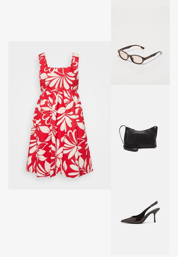Rochie din bumbac roșu, cu decolteu pătrat, bretele late și un model floral alb. Fusta este plisată pentru un volum suplimentar.; Pantof cu toc înalt Slingback din piele sintetică lucioasă de culoare maro închis, vârf ascuțit, laterale deschise și curea ajustabilă la glezne.; Ochelari de soare bleoni cu un design rotund și lentile de nuanță deschisă. Au brațe rezistente cu mici accente de aur, fabricate din material plastic.; Geantă de umăr din piele neagră, cu o textură netedă, formă curbată, curea ajustabilă și închidere cu fermoar. Design minimalist, fără embellishments.; Inele din rășină clară și chihlimbar, unul neted și transparent, iar celălalt cu o finisare texturată, de chihlimbar. Ambele au un design rotund și suculent.