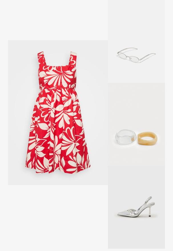 Rochie din bumbac roșu, cu decolteu pătrat, bretele late și un model floral alb. Fusta este plisată pentru un volum suplimentar.; Pantofii cu toc înalt, argintii, cu vârf ascuțit, finisaj metallic, două curele decorative și un toc subțire cu vârful negru.; Ochelari ovali cu o ramă metalică argintie, lentile clare și accente texturate cu mărgele pe brațe. Design ușor cu brațe curbate.; Inele din rășină clară și chihlimbar, unul neted și transparent, iar celălalt cu o finisare texturată, de chihlimbar. Ambele au un design rotund și suculent.