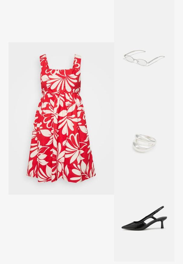 Červené bavlnené šaty s hranatým výstrihom, širokými ramienkami a bielym kvetinovým vzorom. Sukňa je naskladaná pre väčší objem.; Čierne slingback podpätky s špicatou špičkou, vyrobené z lesklého materiálu, s akcentmi na výrezy a s miernym podpätkom pre podporu.; Oválne okuliare s kovovým strieborným rámom, priesvitnými šošovkami a textúrovanými perlovými akcentmi na spánkoch. Ľahký dizajn s zahnutými ramenami.; Strieborný prsteň s dvojitým pásikom s hladkým, lesklým povrchom. Má plynulý, zakrivený dizajn s prekryvajúcimi sa časťami pre moderný vzhľad.