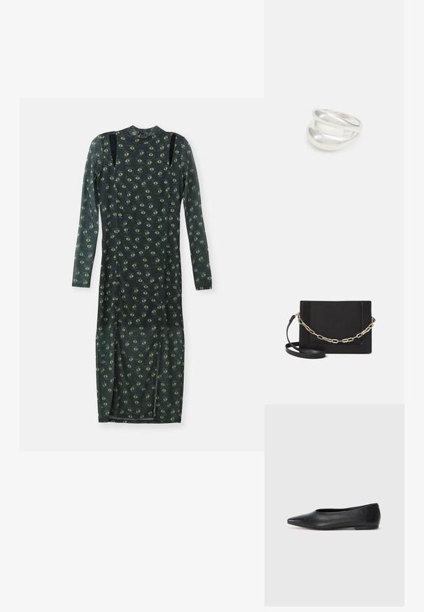 Long-sleeved dress in dark green sheer fabric, featuring an all-over pattern of yellow-green eyes, with black shoulder accents and mock neck.; Black leather ballet flat, pointed toe, minimalistic design, smooth texture, low-profile heel, no visible hardware or embellishments.; Black leather crossbody bag featuring a smooth texture, rectangular shape, and a metallic chain detail on the front. Adjustable strap included.; Silver double-band ring with a smooth, polished surface. Features a fluid, curved design with overlapping sections for a modern look.