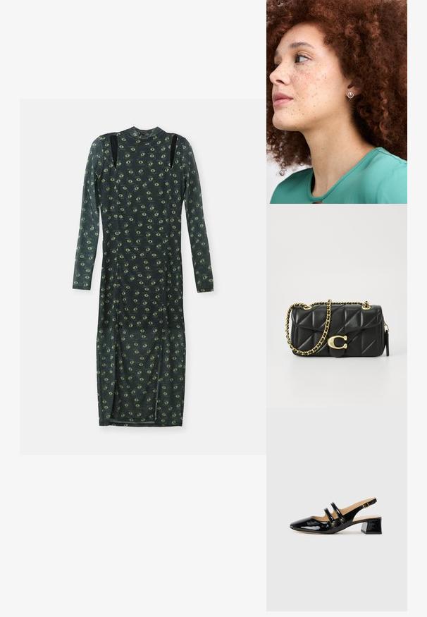 Vestido de manga larga en tela transparente de color verde oscuro, que presenta un patrón de ojos amarillo-verde en toda la prenda, con acentos negros en los hombros y cuello simulado.; Zapato de charol negro tipo slingback con punta puntiaguda, detalle de dos correas, acentos circulares dorados y un tacón bajo tipo bloque.; Bolso de mano de cuero negro acolchado con una correa de cadena dorada y un cierre de toggle con un acento circular. Forma rectangular compacta.; Pendiente de plata con un diseño circular y un borde texturizado, llevado por una persona con cabello rizado castaño rojizo, vestida con una blusa verde.