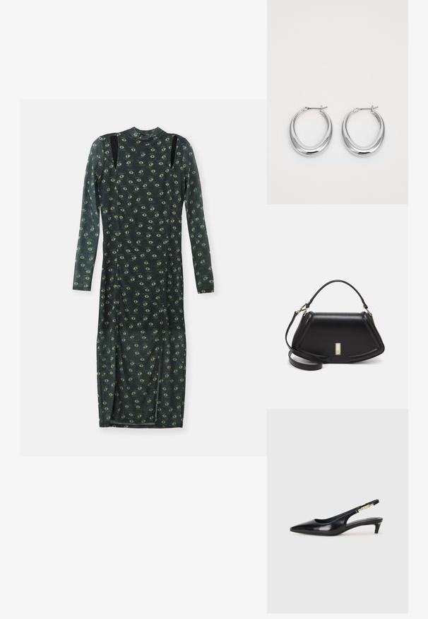 Šaty s dlouhým rukávem z tmavě zeleného průhledného materiálu, s celoplošným vzorem žlutozelených očí, s černými akcenty na ramenech a imitovaným límcem.; Černé kožené boty na podpatku s otevřenou patou a špičatou špičkou, s tenkým podpatkem a zlatým akcentem na nastavitelném pásku. Hladký povrch.; Černá kožená kabelka se strukturovaným designem, jejíž tvar je zkrácený, má horní rukojeť a zlaté kovové detaily. Součástí je i nastavitelný ramenní popruh.; Pár leštěných stříbrných půlměsíčních náušnic s kloubovými sponami na bílém pozadí.
