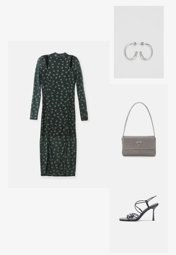 Long-sleeved dress in dark green sheer fabric, featuring an all-over pattern of yellow-green eyes, with black shoulder accents and mock neck.; Black high-heeled sandals feature thin straps with a knotted design, a smooth square toe, and a sleek stiletto heel.; Light gray metallic handbag featuring a chain strap, embellished with small circular metallic studs and a triangular brand logo.; Silver hoop earrings with a smooth, shiny surface, featuring a curved shape and post-back closure. Minimalist design with a modern finish.