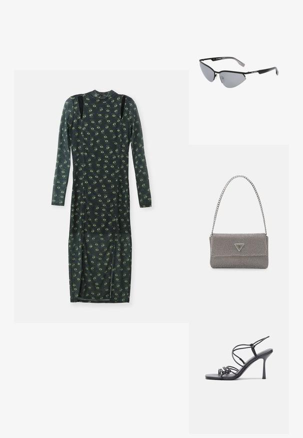 Langärmliges Kleid aus dunkelgrünem, transparentem Material, mit einem Allover-Muster aus gelb-grünen Augen, schwarzen Schulterakzenten und einem mock Neck.; Schwarze, hochhackige Sandalen mit dünnen Riemen und einem geknoteten Design, einer glatten, rechteckigen Zehenpartie und einem eleganten Stiletto-Absatz.; Schwarze Sonnenbrillen mit kantigem, Katzenaugen-Design. Silberne, verspiegelt Gläser. Schlanke, leichte Kunststoffrahmen mit dezentem Branding an den Schläfen.; Hellegraue metallische Handtasche mit einer Kettenriemen, verziert mit kleinen kreisförmigen metallic Nieten und einem dreieckigen Markenlogo.; Silberne Metalohrringe mit einer glatten, tröpfchenförmigen Form und einer polierten Oberfläche. Subtile Gravuren fügen Details hinzu. Minimalistisches Design.