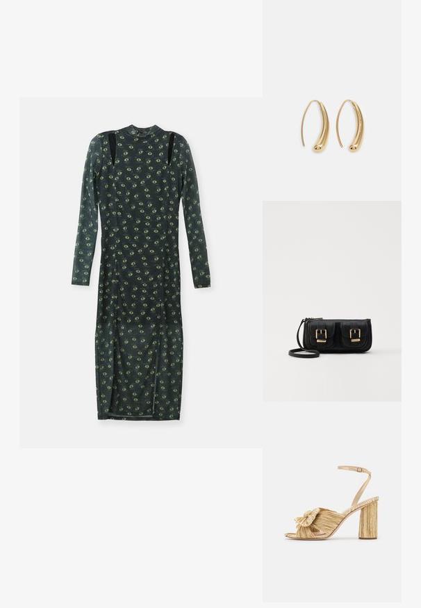 Dolga obleka iz temno zelene prozorne tkanine, ki se ponaša z običajnim vzorcem rumeno-zelenih oči, z črnimi ramenimi akcenti in lažnim ovratnikom.; Zlate sandale s peto in vozlom spredaj, z naborki teksturo in trakcem okoli gležnja. Blok peta ima rebrast dizajn, ki izboljšuje oprijem.; Črna usnjena torbica čez ramo z dvema sprednjima žepoma, zlatimi zaponkami, zadrgo in ozkim pasom. Tekstura površine je strukturirana, obliko pa ima kompaktno pravokotno.; Zlato-tonirani kovinski uhani v obliki obroča s krivuljo in podolgovato obliko. Imajo gladko, sijočo površino in zaobljen vrh za dodaten detajl.