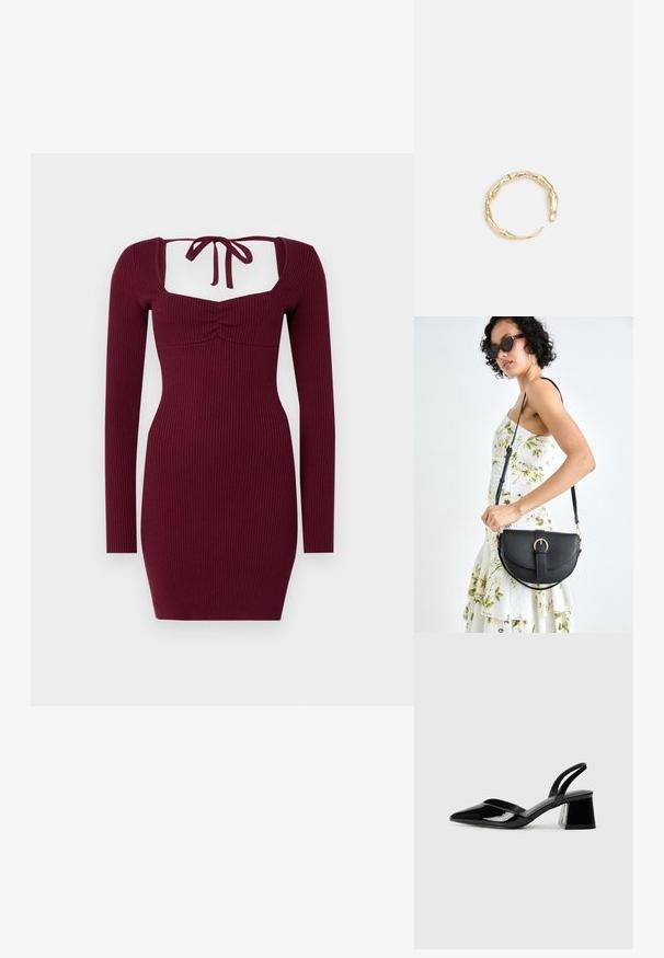 Burgundi värvi ribatekstuuri kleit pika varrukaga, ruudukujuline kaelus ja sidumisdetail seljal; peenike lõige rõhutab talje.; Mustad musta lakknahk kingad, millel on terav varvas ja geomeetriline plokkkonts. Omab elegantselt minimalistlikku disaini ja sujuvat tekstuuri.; Mustmust mustraha kõverate joontega, eemaldatava rihmaga ja kuldsete detailidega. Kotil on klapp, millel on pandladetail.; Kuldtoonis sõrmus, millel on orgaaniline, keerdunud disain sileda tekstuuri ja kitsenevate otstega, luues kaasaegse skulptuurilise välimuse.