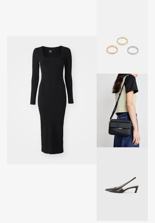 Fekete, hosszú ujjú ruha négyzet alakú nyakkivágással, bordázott textúrával, testhez álló szilikon formával és függőleges csíkokkal a részletgazdagság érdekében.; Fekete, hegyes orrú, slingback cipő alacsony sarkával, sima bőrből készült, oldalt kivágott deisgnal a légáteresztőképesség érdekében.; Calvin Klein LINEAR CAMERA BAG - Keresztpántos táska - black; Három fémgyűrű: az egyik rose gold, a másik texturált akcentusokkal ellátott arany, a harmadik pedig ezüst, mindegyiken gravírozott márkajelzés található a belső sávon.