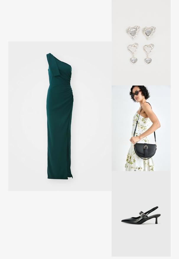 Egy vállról leomló, hosszú smaragdzöld ruha ráncolt dizájnnal és oldalsó hasítékkal. Simaságot biztosító anyagból készült, kiemelkedő bodicéval és lenyűgöző, folyó szoknyával.; Fekete lakkbőr slingback sarkú cipők hegyes orral és kis blokk talppal, ezüst csat díszítéssel a pánton.; Fekete bőrtáska ívelt formával, levehető pánttal és arany színű fémrészekkel. A táskán egy csattal díszített fedél található.; Ez az ezüst szív alakú fülbevaló sima, átlátszó kövekkel rendelkezik, texturált kerettel. A készlet stud és csepp stílust is tartalmaz.