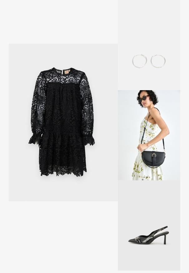 Vestido preto de renda com mangas longas, decote redondo, bainha com camadas de babados e padrões florais intrincados. Tecido leve e transparente.; Sapato slingback preto em pele patentada com bico apontado, tiras no tornozelo apresentando fivelas e acessórios prateados, e um salto elegante.; Bolsa de couro preta com forma curva, alça destacável e detalhes em dourado. A bolsa possui uma aba com detalhe de fivela.; Brincos de argola prateados com um design arredondado e elegante, apresentando uma superfície lisa e sem adornos visíveis. Diâmetro não especificado.