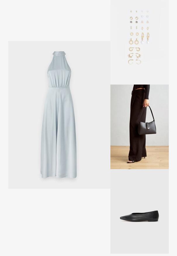 Světle modrý halter jumpsuit vyrobený z hladkého materiálu, s přiléhavým vrškem a širokými nohavicemi pro štíhlou siluetu.; Černé kožené baleríny, špičatá špička, minimalistický design, hladký povrch, nízký podpatek, žádné viditelné kovové prvky nebo ozdoby.; Černá kabelka se strukturovaným tvarem, hladkým povrchem a kovovým uzávěrem. Kombinována s širokými černými kalhotami a sandály s otevřenou špičkou na dřevěné podlaze.; Sada náušnic ve zlatém tónu s různými designy, včetně pecek, kruhů a visacích kousků s perlami a rhinestony.