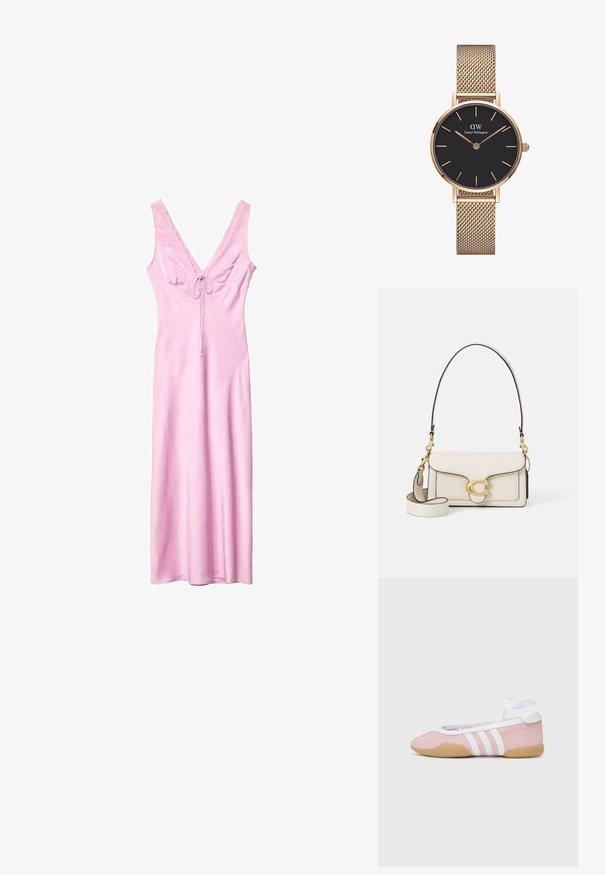 Ružová maxi šaty bez rukávov s V-výstrihom, čipkovým lemom a detailom v podobe mašle vpredu. Vyrobené z hladkej, štruktúrovanej látky.; adidas Originals TAEKWONDO MEI BALLET - Tenisky - clear pink/ftwr white/gum; Krémová kožená kabelka so štruktúrovaným dizajnom, kontrastnými čiernymi okrajmi, zlatým kovaním a odnímateľným popruhom s podpisovým logom.; Zlatý kovový náramok hodinky od Daniel Wellington s okrúhlym čiernym ciferníkom, zlatými hodinovými značkami a logom na 12. hodine. Jednoduchý, elegantný dizajn.