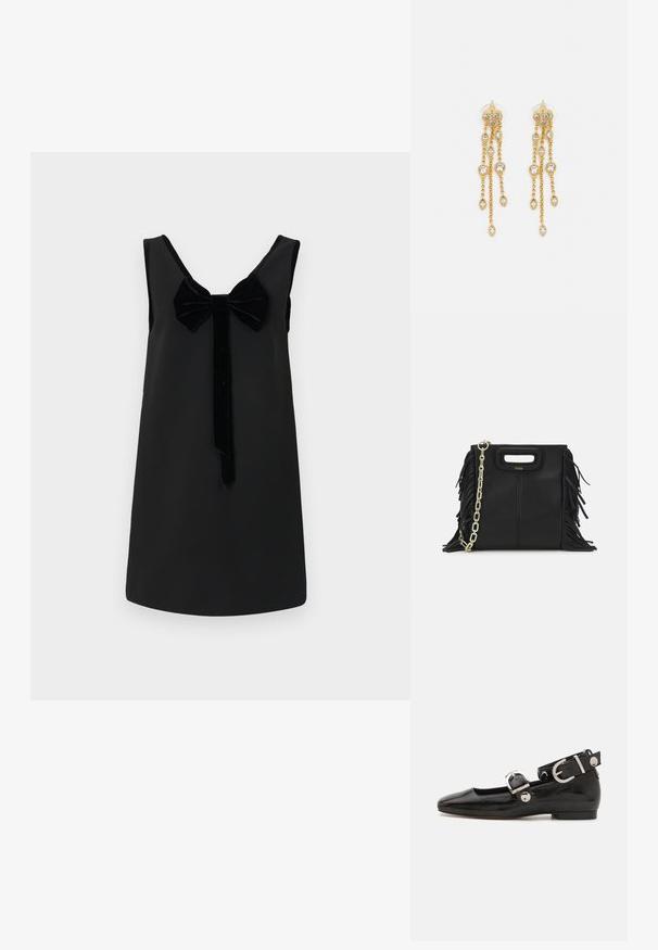 Crna haljina bez rukava ima okrugli izrez, aksesoar u obliku baršunastog cvijeta s prednje strane i ravnu siluetu s glatkom teksturom.; Crne lakirane balerinke sa četvrtastim vrhom, remenom oko zapešća sa srebrnim detaljima i ravnim đonom. Glatka tekstura s minimalističkim dizajnom.; Crna kožna torba s resicama, zlatnim lančićem za rame i rukohvatom u obliku izreza. Sadrži logo na prednjoj strani.; Zlatne naušnice s višestrukim kaskadnim lancima, s prozirnim ovalnim cirkonima i dekorativnim šiljcima na vrhu.