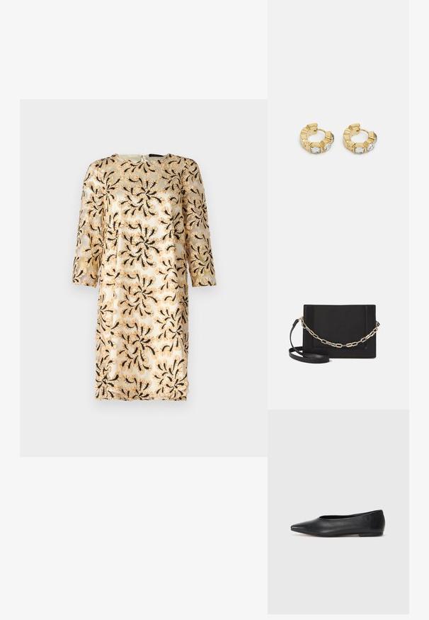 Vyšívané šaty s třičtvrtečními rukávy, zdobené květinovým černým vzorem na jemné béžové průsvitné látce. Kulatý výstřih, délka po kolena.; Černé kožené baleríny, špičatá špička, minimalistický design, hladký povrch, nízký podpatek, žádné viditelné kovové prvky nebo ozdoby.; Černá kožená crossbody taška s hladkým povrchem, obdélníkovým tvarem a kovovým řetízkem na přední straně. Součástí je nastavitelný popruh.; Zlaté kruhové náušnice s texturovaným designem a třemi jasnými krystalovými akcenty na jedné straně, které nabízejí moderní geometrickou estetiku.