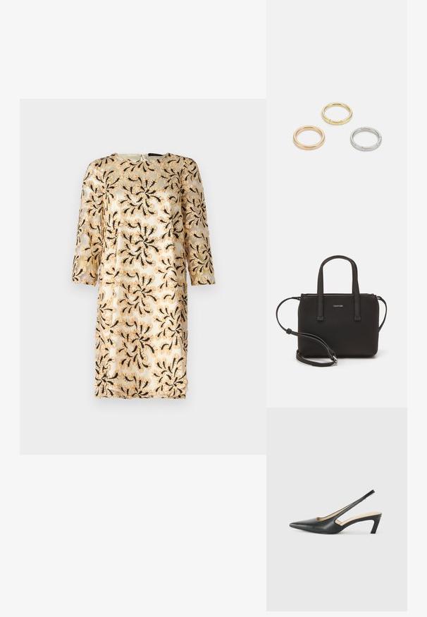 Geborduurde jurk met driekwart mouwen, uitgerust met een zwarte bloemenpatroon op een lichtbeige doorzichtige stof. Ronde halslijn, knie-lengte.; Zwarte puntige slingback schoen met een lage hak, gemaakt van soepel leer en voorzien van een uitsnede aan de zijkant voor ventilatie.; Zwarte handtas met dubbele korte handvatten en een afneembare schouderriem. Glad, leerachtig materiaal met een ritssluiting en logo-detail.; Drie metalen ringen: één roségoud, één goud met een gestructureerd accent en één zilver, allemaal met gegraveerde branding aan de binnenzijde.