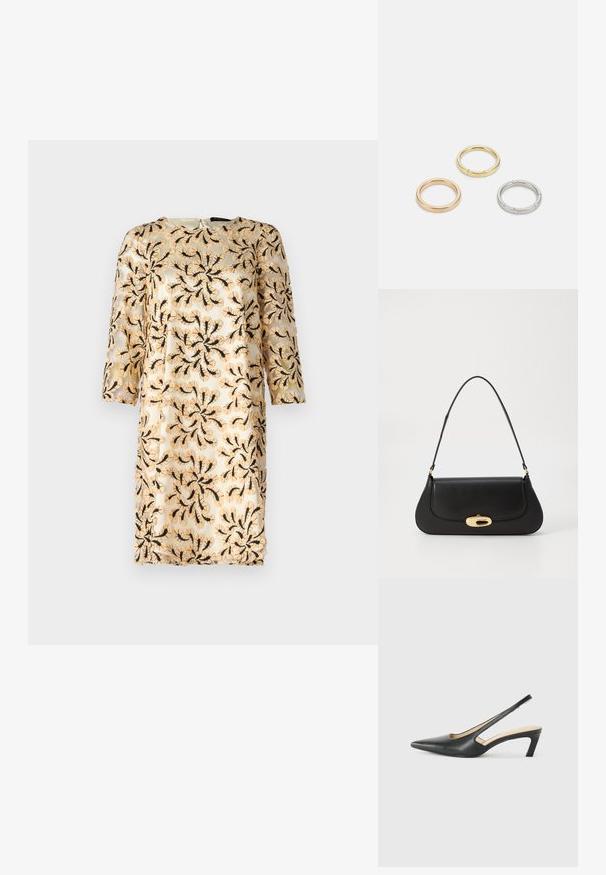 Broderad klänning med trekvartslånga ärmar, med ett blommigt svart mönster på ett ljust beige transparent tyg. Rund halsringning, knälång.; Musta, kärjeltään terävä slingback-kengä, jossa on matala korko. Kengässä on sileä nahkamateriaali ja sivuilla leikkaukset hengittävyyttä varten.; Musta nahkainen käsilaukku, jossa on kaareva muotoilu, kultasävyiset yksityiskohdat ja yläkahva. Sisältää tyylikkään sulkijan ja sileän pinnan.; Kolme metallirengasta: yksi ruusukultainen, yksi kultainen teksturoiduilla yksityiskohdilla ja yksi hopeinen, kaikki kaiverretulla brändäyksellä sisäpuolella.