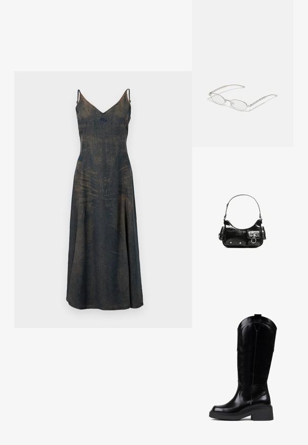 Traper haljina s V-izrezom, tankim naramenicama i razdraganom suknjom. Materijal je u izblijedjeloj tamnoplavoj boji, otkrivajući suptilne varijacije u teksturi.; Bronx DAFF - Kaubojske/motorističke čizme - black; Ovalne naočale s metalnim srebrnim okvirom, prozirnim staklima i teksturiranim bisernim detaljima na krakovima. Lagani dizajn s zakrivljenim krakovima.; Crna patentna kožna torba s zakrivljenim oblikom, jednim remenom za rame, prednjim džepovima i akcentima od srebrnog tona.
