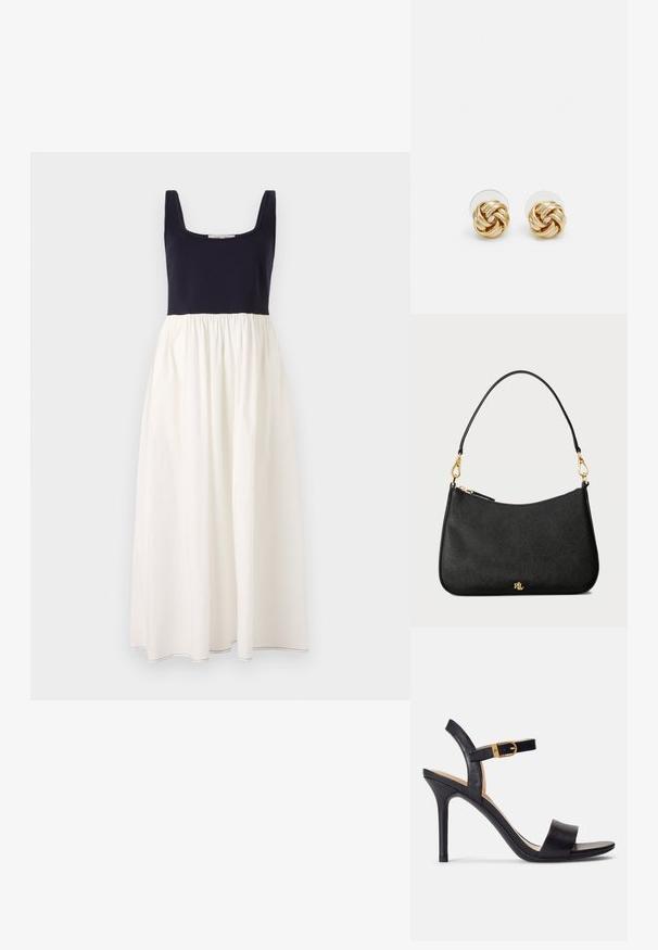 Námornícky modré bezrukávové šaty so štvorcovým výstrihom, s bielou, nariasenou sukňou. Vyrobené z ľahkého materiálu, s viditeľným šitím na leme.; Čierne sandále na vysokom podpätku s hladkým koženým vrchom, otvorenou špičkou a dizajnom s jedným pásikom s akcentom zlatého spony.; Čierna kožená kabelka so štruktúrovaným dizajnom, vybavená zipsovým uzáverom, odnímateľným popruhom a zlatými hardvérovými akcentmi.; Náušnice s uzlom v zlatej farbe s prekrúteným dizajnom. Každá náušnica má kruhové priehľadné pozadie pre bezpečné nosenie.