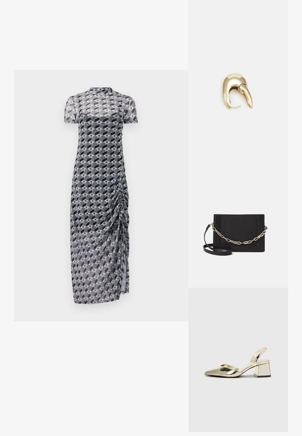 Průhledné šaty s krátkým rukávem a geometrickým černobílým vzorem. Mají řasení na jedné straně a rovný střih.; Kovové zlaté pantofle na podpatku s špičatou špičkou a masivním podpatkem. Hladký povrch, minimalisticý design a úzký pásek.; Černá kožená crossbody taška s hladkým povrchem, obdélníkovým tvarem a kovovým řetízkem na přední straně. Součástí je nastavitelný popruh.; Náušnice ve zlatém tónu z kovu s elegantním zakřiveným designem. Vyznačují se jedinečným špičatým tvarem, lesklým povrchem a závěsem na kloub.