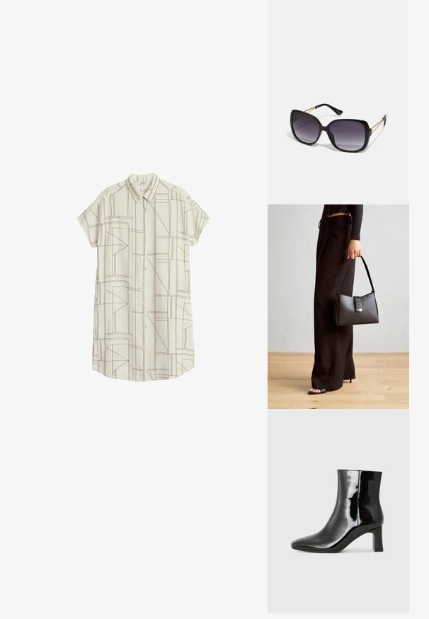 Kurzärmliges Hemd aus cremefarbenem Stoff mit geometrischen braunen Linienmustern, ausgestattet mit einem klassischen Kragen und einem geraden Schnitt.; Schwarzer Lackleder-Stiefelette mit spitzer Zehe und einem mittelhohen Blockabsatz. Glatte Textur und minimalistisches Design.; Schwarze übergroße Sonnenbrille mit getönten Gläsern, dicken Rahmen und goldfarbener Kettendetaillierung an den Bügeln.; Schwarze Handtasche mit strukturierter Form, glatter Textur und einem metallischen Verschluss. Kombiniert mit weiten schwarzen Hosen und offenen Sandalen auf einem Holzboden.