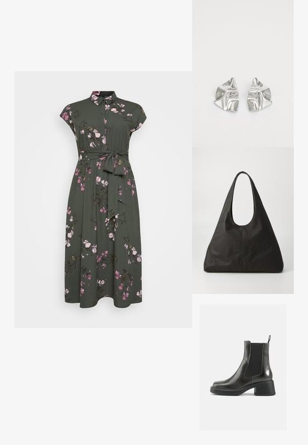 Khawany sukienka z krótkim rękawem, wzór kwiatowy z różowymi kwiatami i zielonymi liśćmi, zapinana na kołnierzyk, z paskiem związanym w talii.; Czarne skórzane botki za kostkę o gładkim wykończeniu, z elastycznymi bocznymi panelami i masywnym obcasem. Posiadają pętelkę ułatwiającą zakładanie.; Czarna skórzana torba tote z zakrzywionym uchwytem, wydłużonym trójkątnym kształtem i gładką fakturą. Charakteryzuje się minimalistycznym wzornictwem bez widocznych elementów metalowych.; Srebrne metalowe kolczyki o falistym, rzeźbiarskim wzorze z polerowanym wykończeniem i nieregularnymi kształtami, podkreślające nowoczesny estetykę.
