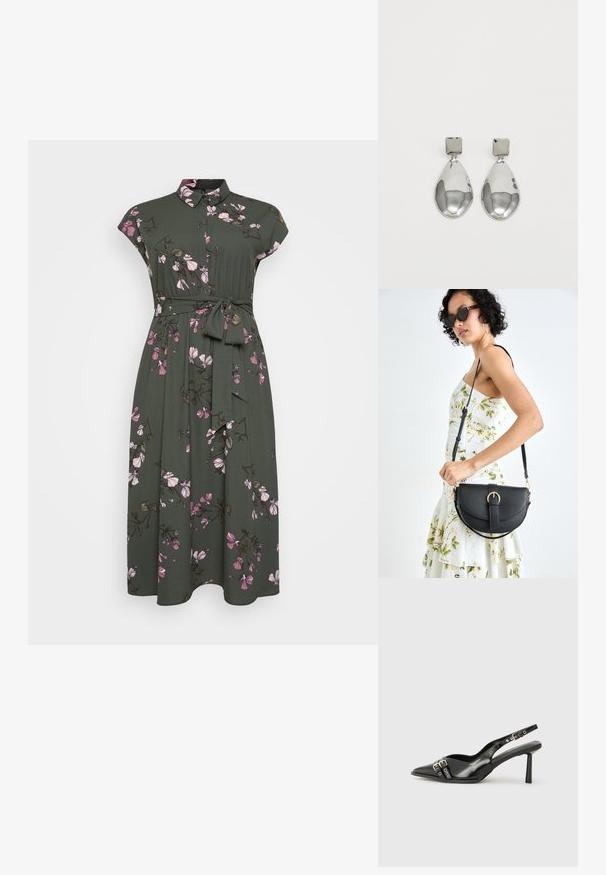 Robe khaki à manches courtes, motif floral avec des fleurs roses et des feuilles vertes, design col, et une ceinture à nouer à la taille.; Chaussure slingback en cuir verni noir avec un embout pointu, des brides de cheville avec des boucles en argent et des éléments en métal, et un talon fin.; Sac à main en cuir noir avec une forme courbée, bandoulière amovible et des accessoires en or. Le sac est doté d'un rabat avec un détail de boucle.; Boucles d'oreilles en argent avec un clou carré, présentant une finition lisse et polie ainsi qu'une forme en goutte d'eau, réfléchissant la lumière grâce à une surface brillante.