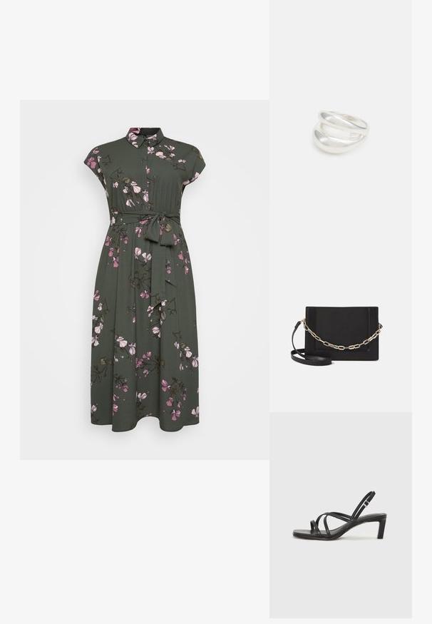 Khaki haljina s kratkim rukavima, cvjetni uzorak s ružičastim cvjetovima i zelenim lišćem, s kojom dolazi ovratnik i pojas za vezanje u struku.; Crne sandale s trakama, kvadratnim prstom i niskom blok petom. Ima više tankih trakica i podesivu trakicu oko gležnja. Izrađene su od glatke kože.; Crna kožna torba preko tijela s glatkom teksturom, pravokutnim oblikom i metalnim lancem na prednjoj strani. Uključena je podesiva naramenica.; Srebrna dvostruka prsten s glatkom, poliranom površinom. Karakterizira ga fluidan, zakrivljen dizajn s preklapajućim sekcijama za moderan izgled.