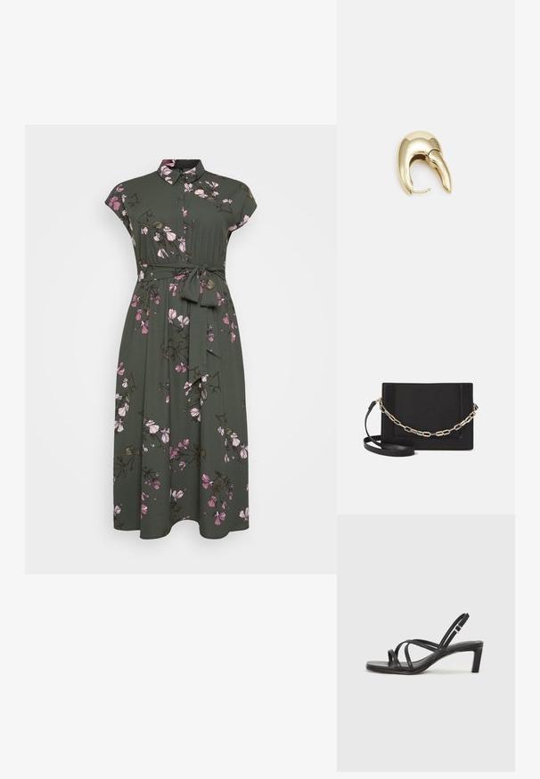 Khaki mekko lyhyillä hihoilla, jossa on kukkakuosi, jossa on vaaleanpunaisia kukkia ja vihreitä lehtiä, kauluspaita-tyyli ja vyötäröllä solmittava vyö.; Mustat hihnalligat, joissa on neliön muotoinen kärki ja matala lohkokorko. Ominaisuuksiin kuuluu useita ohuita hihnoja ja säädettävä nilkkahihna. Valmistettu sileästä nahasta.; Musta nahkainen olkalaukku, jossa on sileä pinta, suorakulmainen muoto ja metalliketju yksityiskohtana edessä. Mukana säädettävä hihna.; Kultahipuinen korvakoru, jossa on sulavalinjainen, kaareva muotoilu. Ominaisuuksiin kuuluu erottuva terävä muoto, kiillotettu pinta ja sarana kiinnitys.