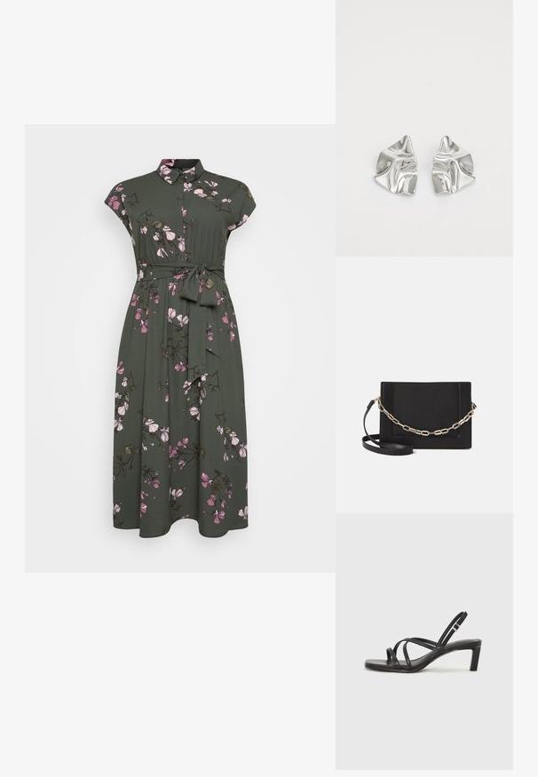 Khawany sukienka z krótkim rękawem, wzór kwiatowy z różowymi kwiatami i zielonymi liśćmi, zapinana na kołnierzyk, z paskiem związanym w talii.; Czarne sandały na obcasie z prostokątnym noskiem i niskim słupkowym obcasem. Posiadają wiele cienkich pasków i regulowany pasek na kostkę. Wykonane z gładkiej skóry.; Czarna skórzana torebka typu crossbody z gładką teksturą, prostokątnym kształtem oraz metalowym detalem w postaci łańcuszka z przodu. W zestawie regulowany pasek.; Srebrne metalowe kolczyki o falistym, rzeźbiarskim wzorze z polerowanym wykończeniem i nieregularnymi kształtami, podkreślające nowoczesny estetykę.