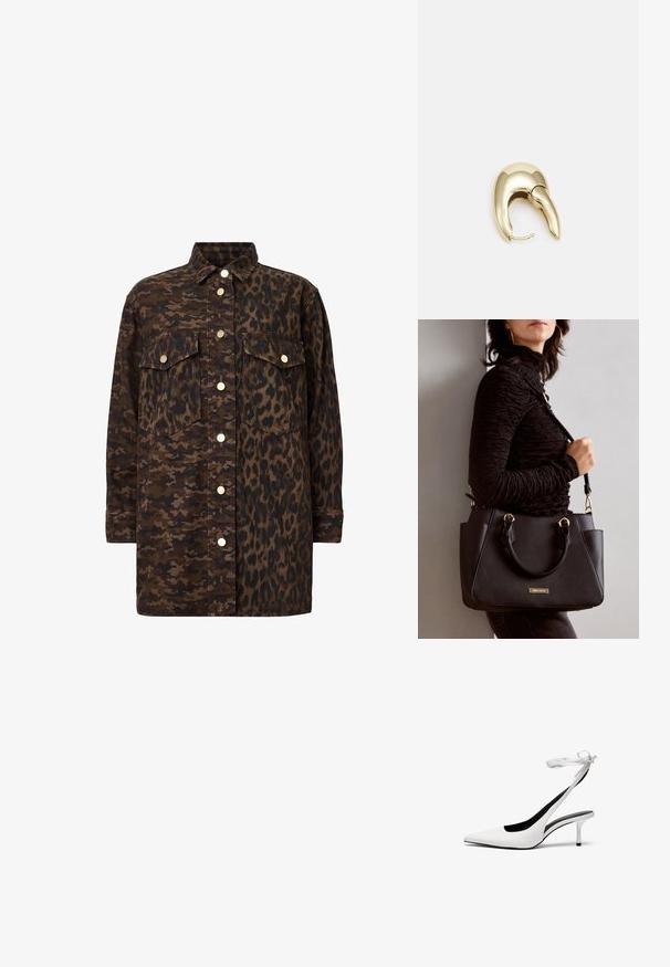 Knappskjorte med to tekstilmønstre: kamuflasje på den ene siden og leopardmønster på den andre. Brune toner med gullfargede detaljer.; Hvite spisse slingback-hæler med tynn ankelrem. Glatt lærmateriale, tynn stiletthæl og svart innvendig foring.; Svart håndveske med teksturert overflate, doble topphåndtak og justerbar skulderrem. Har detaljer i gulltone og sidelommer.; Gullfarget metalløredobber med et elegant, buet design. Har en karakteristisk spiss form, polert overflate og hengsel-lukking.