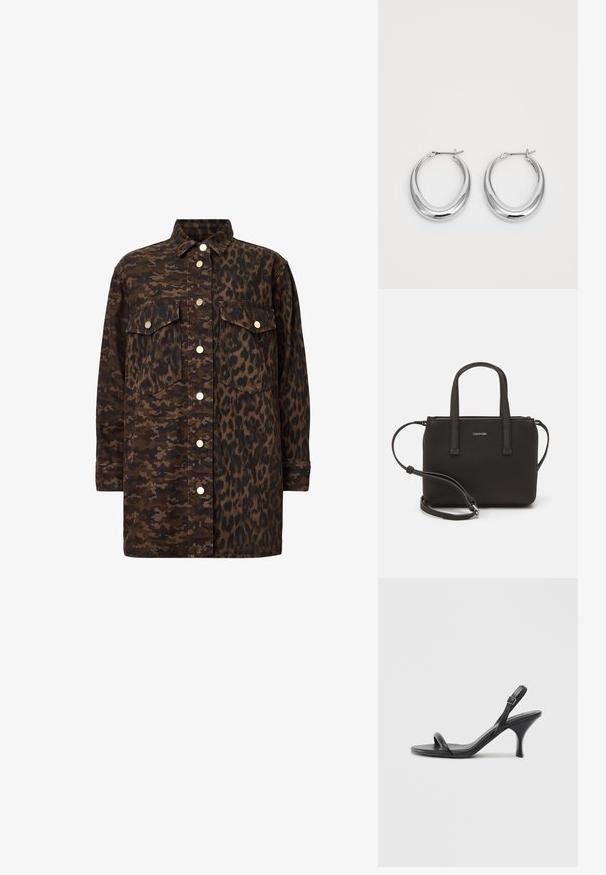 Košulja sa gumbićima koja sadrži dva uzorka tkanine: kamuflaža s jedne strane i leopard uzorak s druge. Smeđi tonovi s zlatnim akcentima.; Crne kožne sandale na visoku petu s tankom, zakrivljenom petom i dizajnom prekriženih traka. Podesiva traka oko gležnja. Glatka tekstura.; Crna torba s dva kratka ručka i uklonjivom naramenicom. Glatki materijal nalik koži s zatvaračem na zatvaranje i detaljem s logom.; Par srebrnih poliranih uha s mjesečevim oblikom s pomičnim kopčama na bijeloj pozadini.