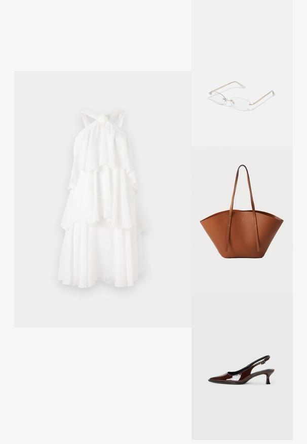 Višeslojna bijela haljina od lagane tkanine, s čvorastim izrezom na vratu i lepršavim slojevima koji stvaraju mekani siluet.; Smeđe patentne kožne cipele s otvorenom petom, špicastim vrhom i umjerenom petom. Imaju remen s kopčom za sigurno pristajanje. Glatka tekstura.; Zlatne metalne naočale s ovalnim lećama, tankim ručkama i prozirnim nosnim jastučićima. Ima diskretne naglaske na šarkama i prozirne leće.; Smeđa kožna torba za nošenje s širokim, strukturiranim oblikom, tankim ručkama i teksturiranom površinom. Ima minimalistički dizajn bez vidljivih dijelova metalne opreme.