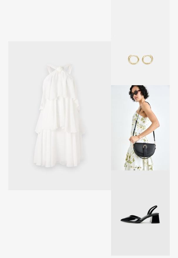 Vestido blanco en capas hecho de una tela ligera, con un cuello halter anudado y capas fluidas que crean una silueta suave.; Zapatos de tacón slingback de charol negro con punta afilada y tacón geométrico en bloque. Presentan un diseño elegante y minimalista, así como una textura suave.; Bolso de piel negra con forma curva, correa desmontable y herrajes dorados. El bolso cuenta con una solapa con un detalle de hebilla.; Pendientes de aro de oro con un diseño suave y redondeado. Presentan un pequeño cierre de bisagra, apariencia ligera y un acabado pulido.