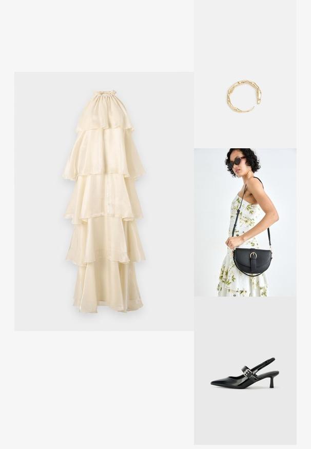 Kreminė maxi suknelė su keliais sluoksniais, pagaminta iš minkštos, blizgios medžiagos. Aukšta apykaklė su raukiniais, kaskadiniai sluoksniai ir plazdanti siluetas.; Juodai lakuoti slingback aukštakulniai su smailiu kojų pirštu ir mažais blokiniais kulniukais, su sidabro sagtimi ant dirželio.; Juodas odinis krepšys su išlenkta forma, nuimamu dirželiu ir auksiniais detalėmis. Krepšys turi kilpą su sagtimi.; Auksinės spalvos žiedas, turintis organišką, sukimosi dizainą su lygiu paviršiumi ir siaurėjančiais galais, sukuriantis modernią skulptūrinę išvaizdą.