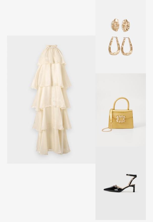 Tiered maxi dress in cream, featuring a soft, glossy fabric. High neckline with gathered detail, cascading layers, and a flowing silhouette.; Black patent leather slingback heels with a pointed toe, ankle strap, and a small heel, featuring subtle strap detailing.; Yellow faux-crocodile handbag with a structured design, top handle, detachable chain strap, and decorative crystal embellishment on the clasp.; Gold-tone earrings featuring textured, wavy shapes. Includes sculptural clip-on studs and open hoop design with a hammered finish.