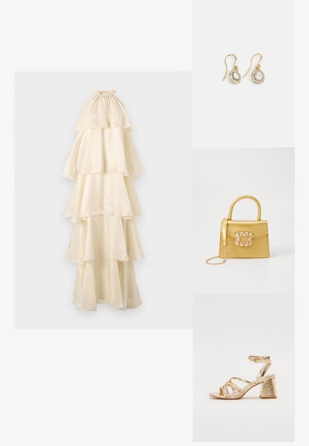 Maxi šaty s tiered strihom v smotanovej farbe, vyrobené z mäkkej a lesklej látky. Vysoký výstrih s riasením, kaskádové vrstvy a splývavý silueta.; Zlaté metalické sandále na podpätku so strappy dizajnom, štvorcovým blokovým podpätkom a nastaviteľným členkovým remienkom so sponou. Hladká textura.; Žltá falošná krokodília kabelka so štruktúrovaným dizajnom, horným držadlom, odnímateľným reťazovým popruhom a dekoratívnym kryštálovým ozdobením na zapínaní.; Náušnice zlatého odtieňa s oválnymi čírymi kryštáli obklopenými menšími čírými kameňmi, s háčikovým dizajnom pre bezpečné nosenie.